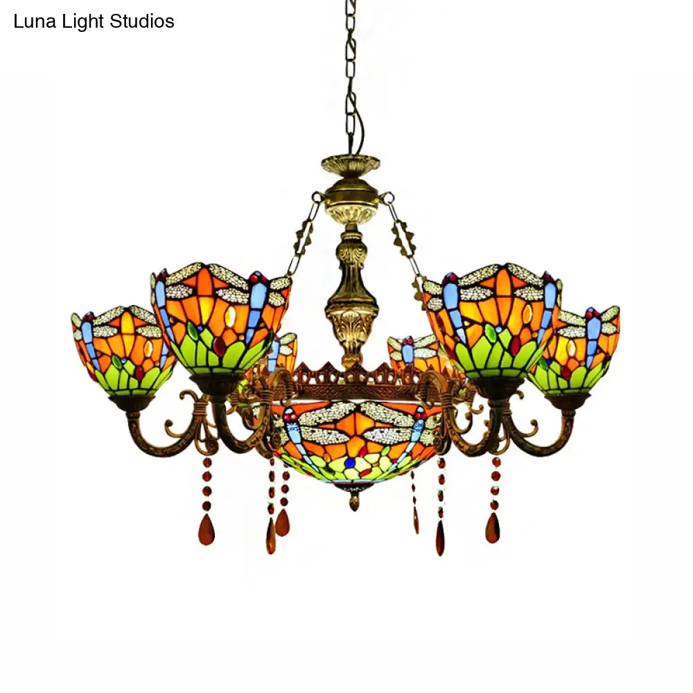 Dragonfly Stained Glass Chandelier With Amber Crystal Decor For Living Room