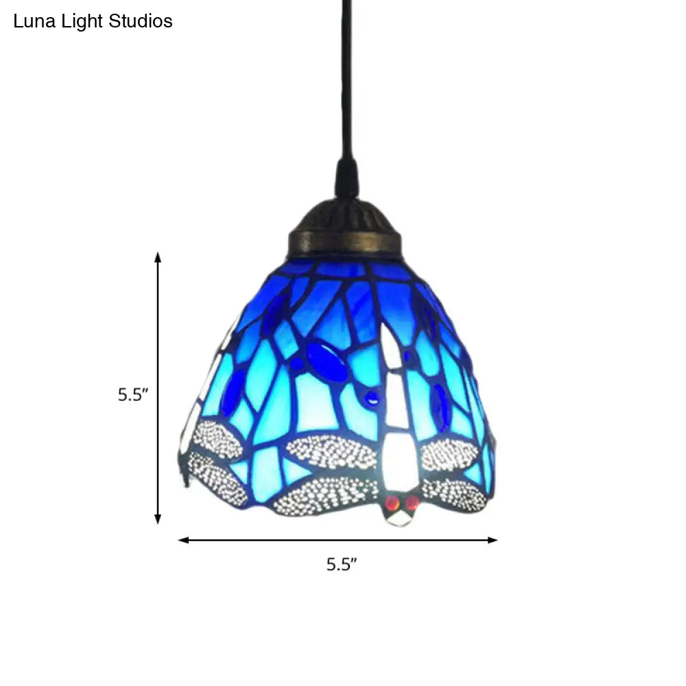 Dragonfly Stained Glass Pendant Light - Traditional Classic 1 Head Blue Small For Bar