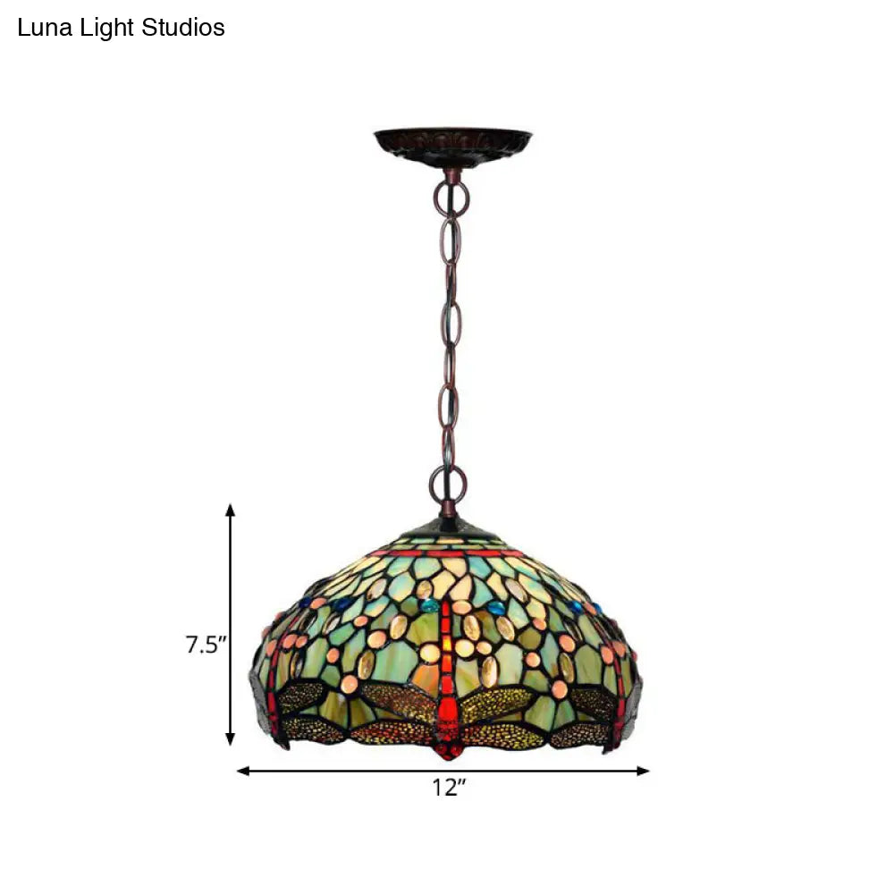 Dragonfly Pendant Light - Victorian Red/Green Stained Glass 1-Light Hanging Ceiling Fixture