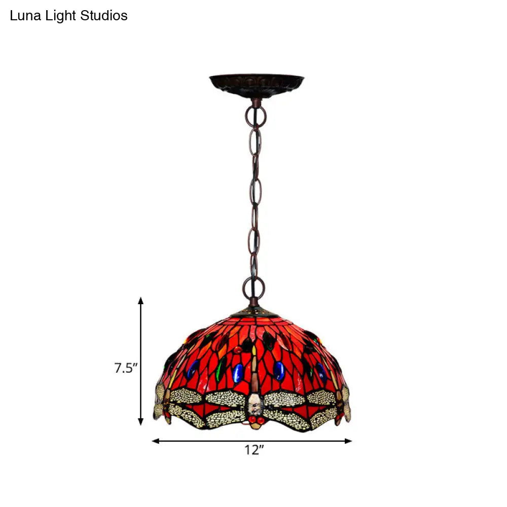 Dragonfly Pendant Light - Victorian Red/Green Stained Glass 1-Light Hanging Ceiling Fixture