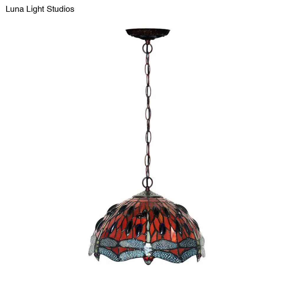 Dragonfly Pendant Light - Victorian Red/Green Stained Glass 1-Light Hanging Ceiling Fixture