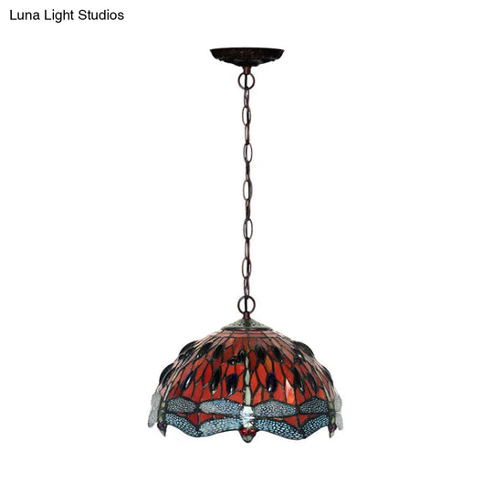 Dragonfly Pendant Light - Victorian Red/Green Stained Glass 1-Light Hanging Ceiling Fixture