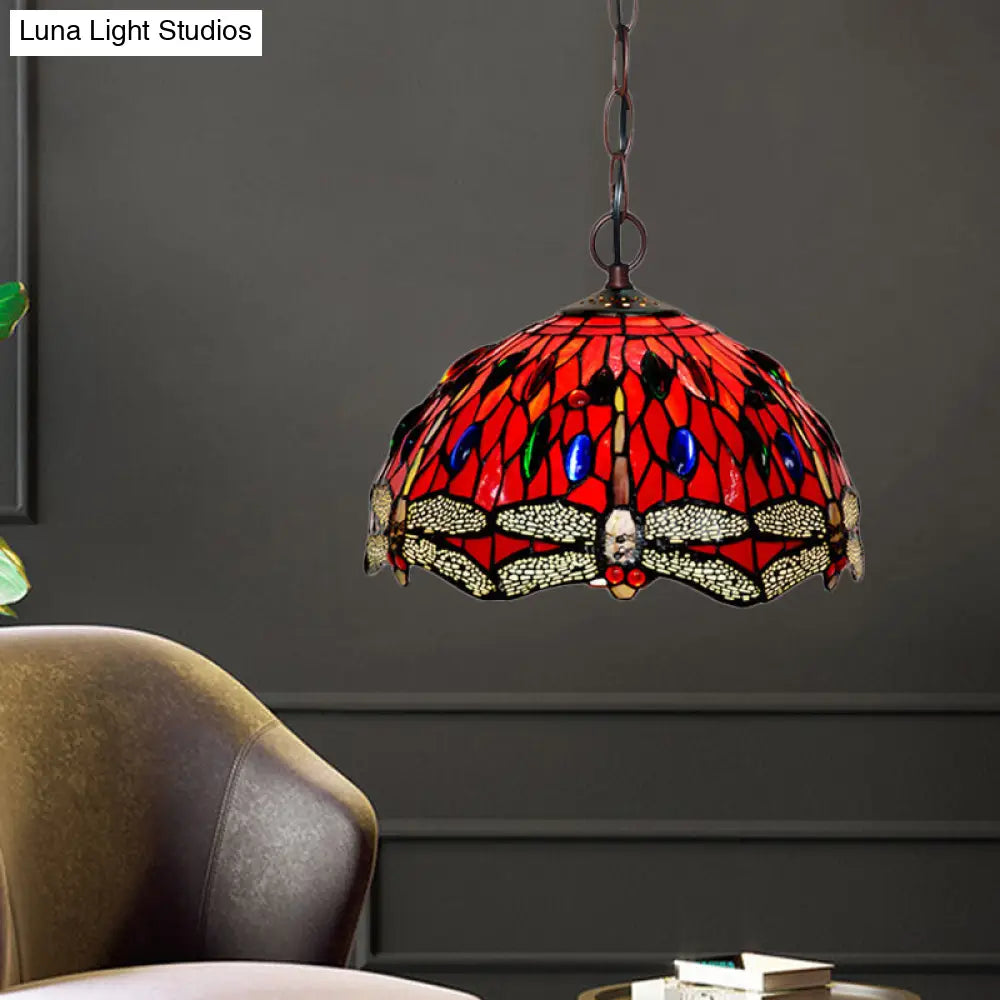 Dragonfly Stained Glass Pendant Light - Victorian Red/Green Color 1 Hanging Ceiling Fixture