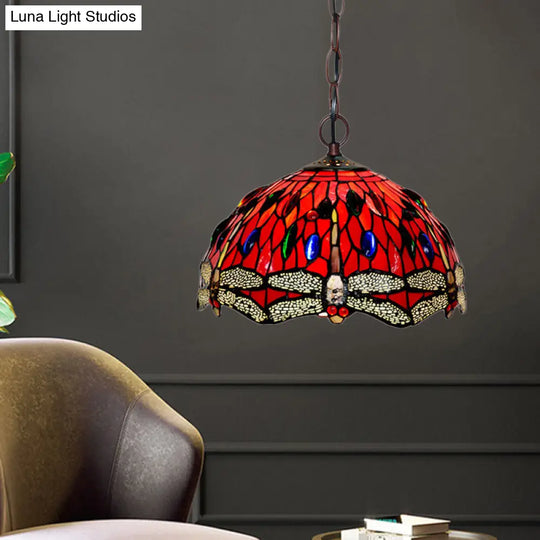 Dragonfly Stained Glass Pendant Light - Victorian Red/Green Color 1 Hanging Ceiling Fixture