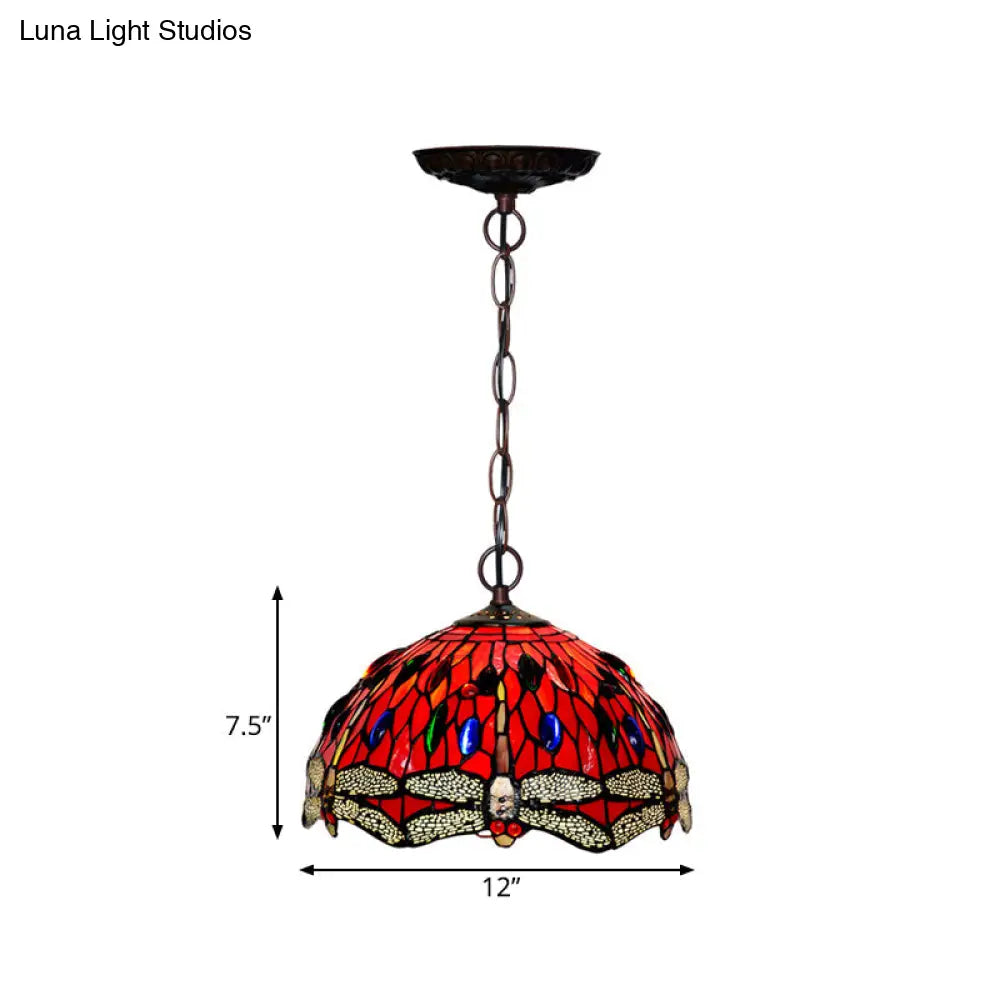 Dragonfly Stained Glass Pendant Light - Victorian Red/Green Color 1 Hanging Ceiling Fixture