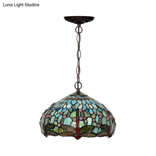 Dragonfly Stained Glass Pendant Light - Victorian Red/Green Color 1 Hanging Ceiling Fixture