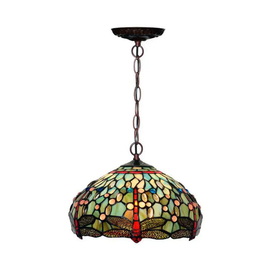 Dragonfly Stained Glass Pendant Light - Victorian Red/Green Color 1 Hanging Ceiling Fixture Green