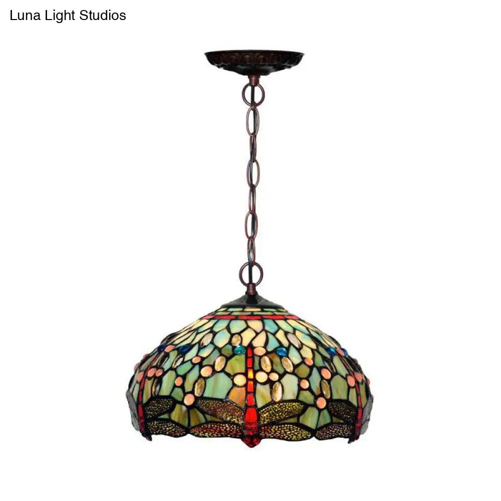 Dragonfly Pendant Light - Victorian Red/Green Stained Glass 1-Light Hanging Ceiling Fixture Green