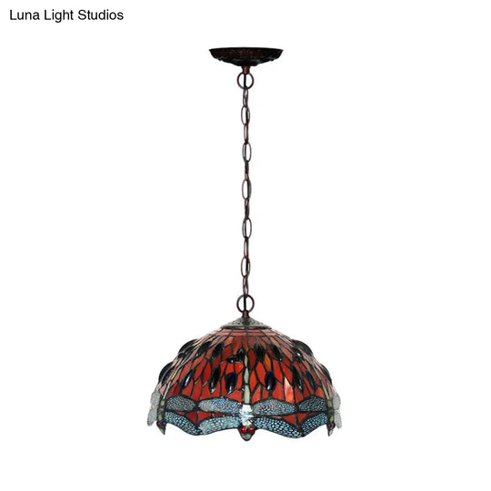 Dragonfly Stained Glass Pendant Light - Victorian Red/Green Color 1 Hanging Ceiling Fixture