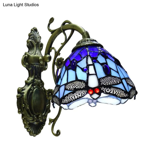 Dragonfly Stained Glass Sconce Light - Rustic Wall Mount In Blue/Orange For Bedroom