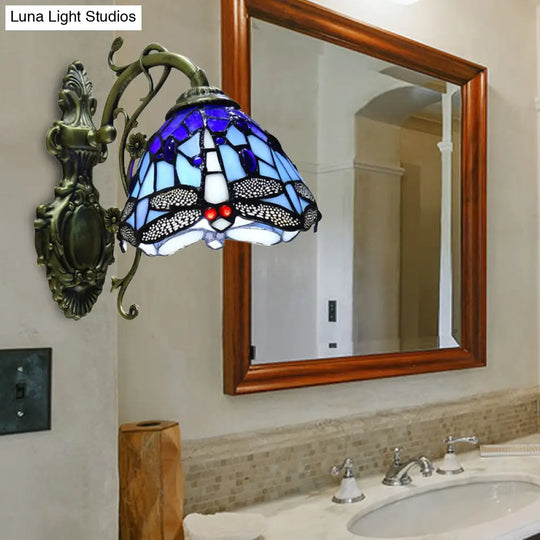 Dragonfly Stained Glass Sconce Light - Rustic Wall Mount In Blue/Orange For Bedroom