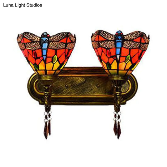 Dragonfly Stained Glass Wall Lamp - Lodge Style 2-Light Brass Sconce