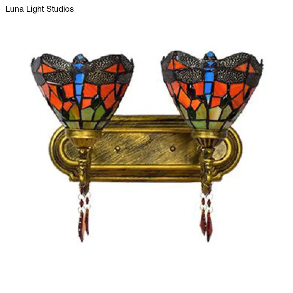 Dragonfly Stained Glass Wall Lamp - Lodge Style 2-Light Brass Sconce