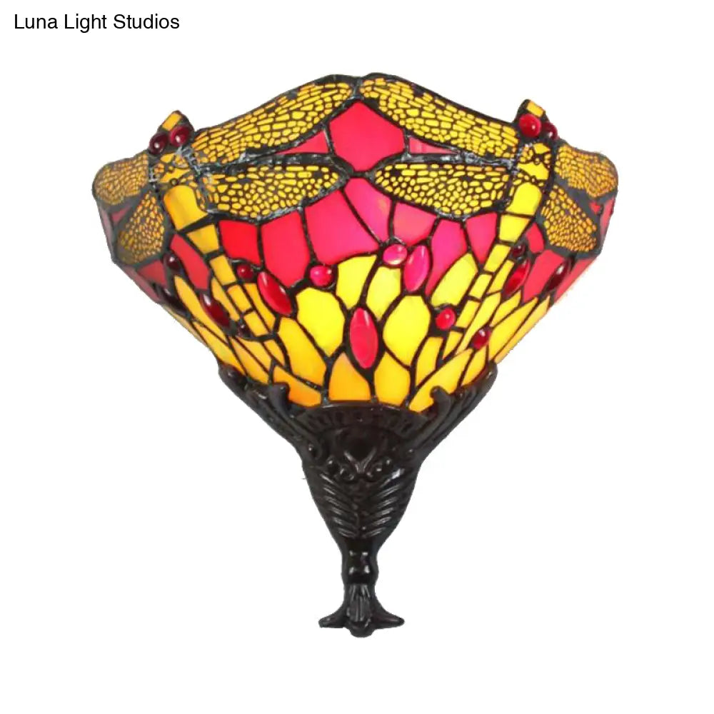 Dragonfly Stained Glass Wall Sconce Lamp - Multicolored Lodge Lighting For Bedrooms