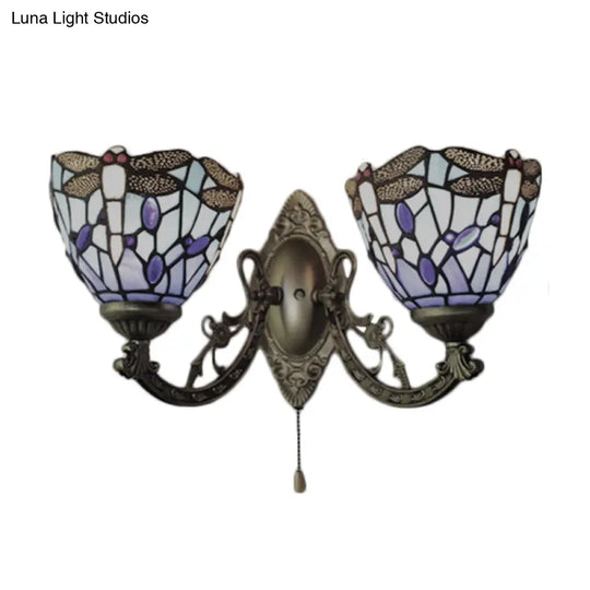 Dragonfly Stained Glass Wall Sconce - Vintage Tiffany Style With Dual Blue Heads 8.5/11 Wide