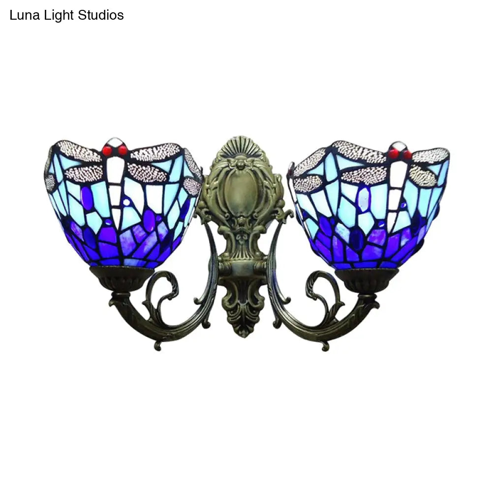 Dragonfly Stained Glass Wall Sconce - Vintage Tiffany Style With Dual Blue Heads 8.5/11 Wide