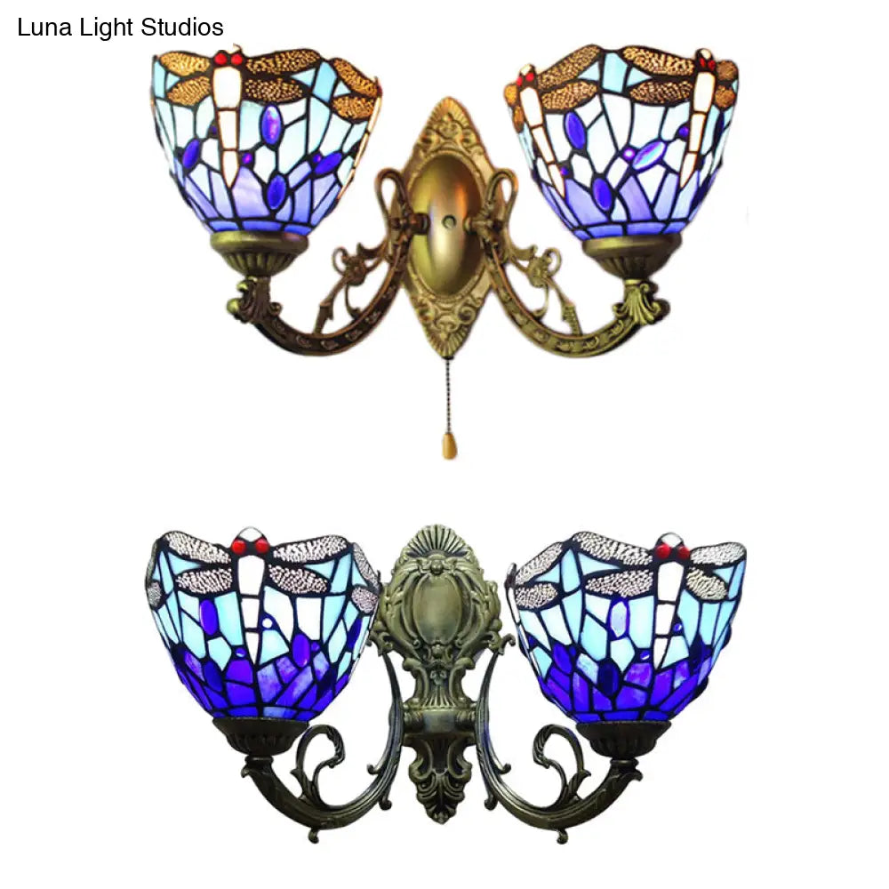 Dragonfly Stained Glass Wall Sconce - Vintage Tiffany Style With Dual Blue Heads 8.5/11 Wide