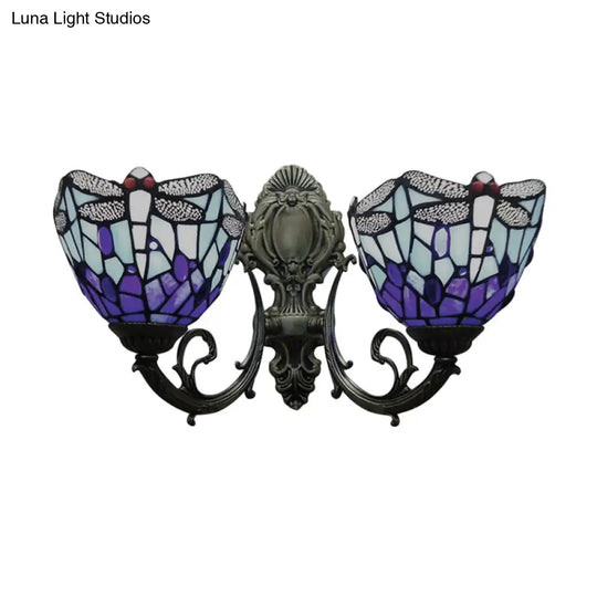 Dragonfly Stained Glass Wall Sconce - Vintage Tiffany Style With Dual Blue Heads 8.5/11 Wide