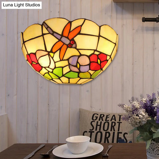 Dragonfly Stained Glass Wall Sconce With Double Bulbs And Bowl Shade For Lodge Décor