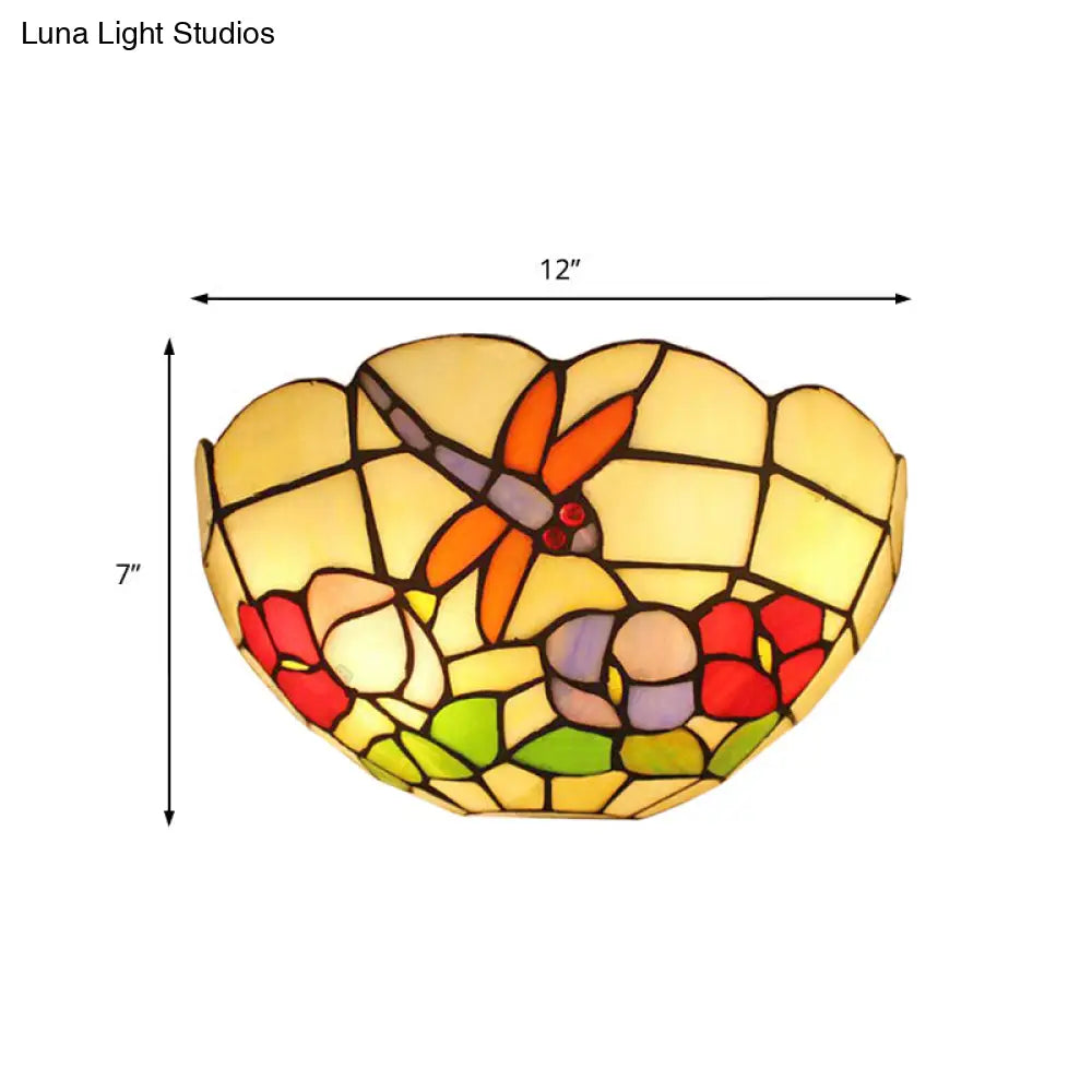 Dragonfly Stained Glass Wall Sconce With Double Bulbs And Bowl Shade For Lodge Décor