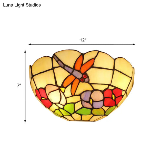 Dragonfly Stained Glass Wall Sconce With Double Bulbs And Bowl Shade For Lodge Décor