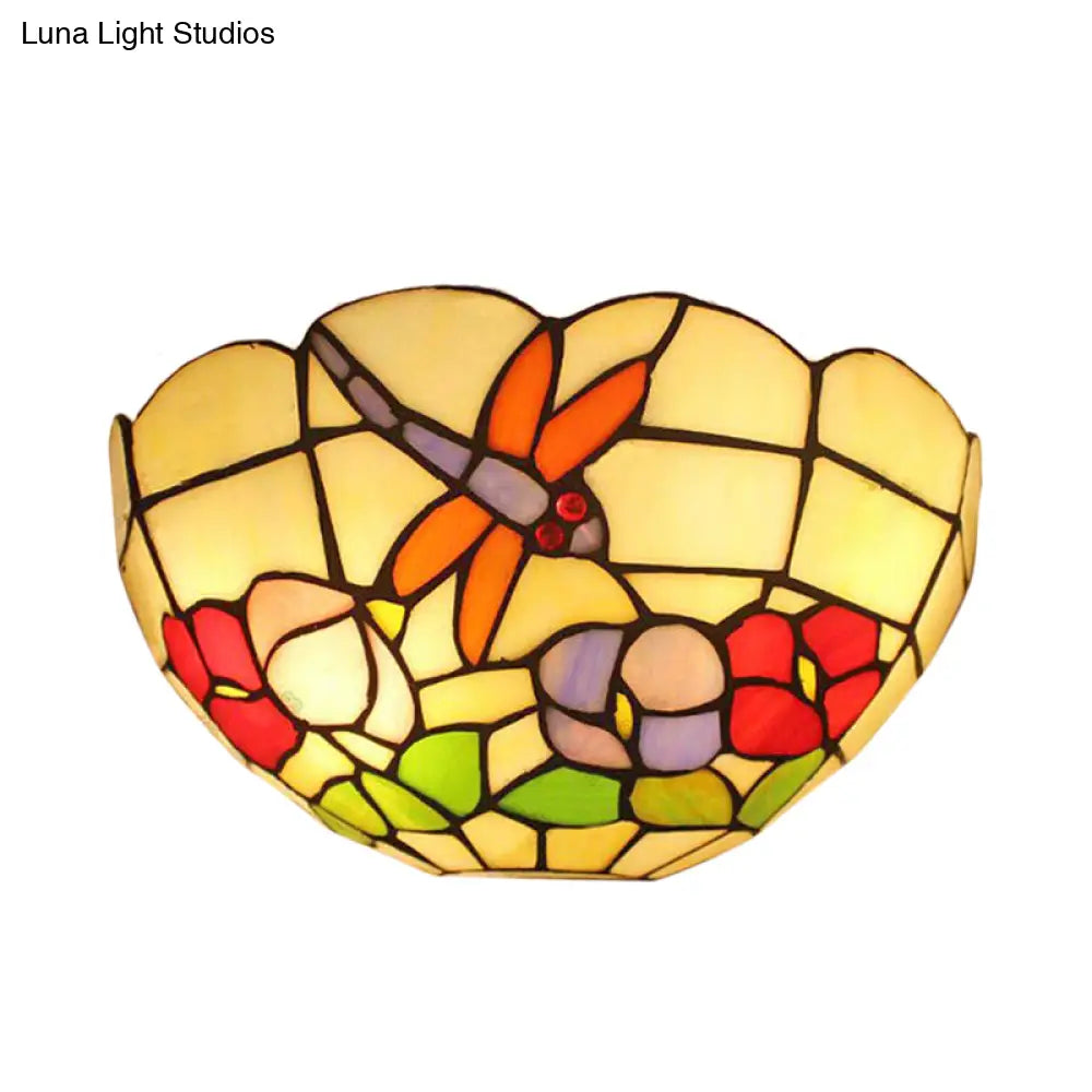 Dragonfly Stained Glass Wall Sconce With Double Bulbs And Bowl Shade For Lodge Décor