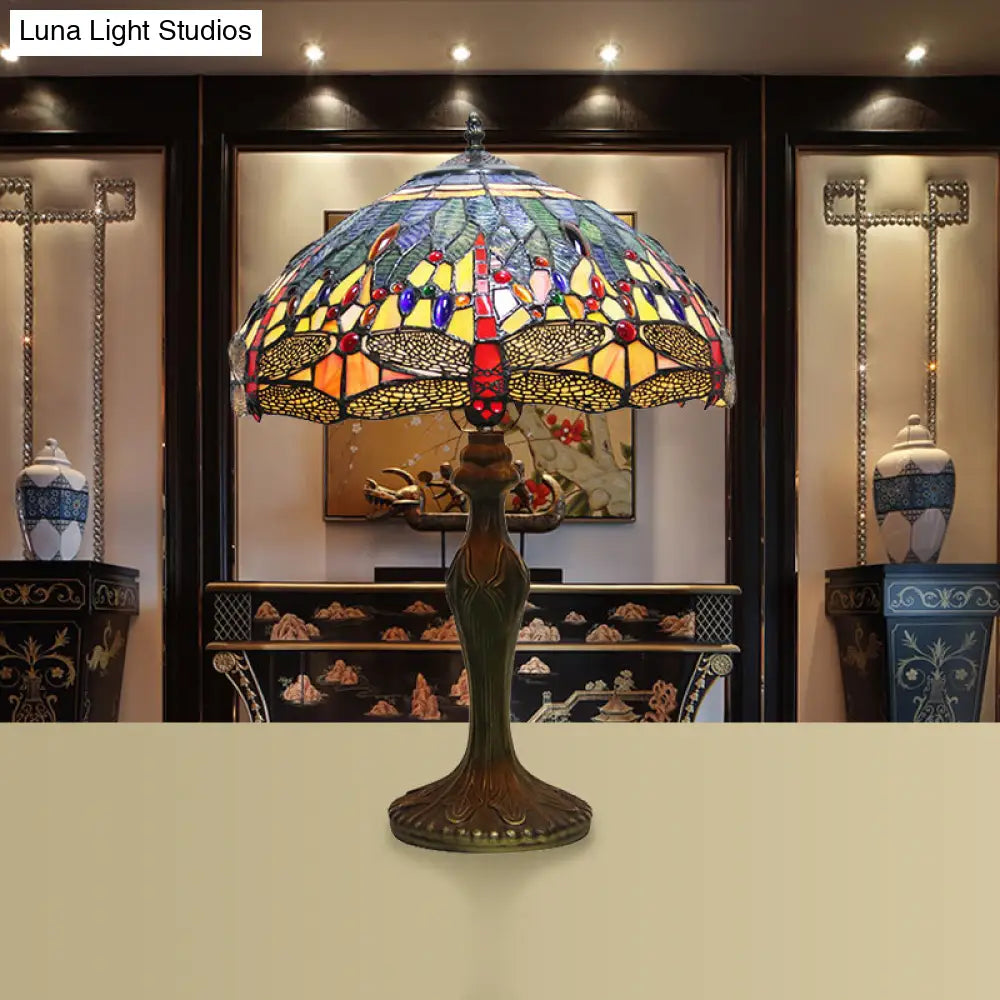 Dragonfly Table Lamp - Retro Stained Glass 1-Light Accent With Antique Bronze Finish For Study Room