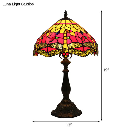 Dragonfly Table Lamp - Retro Stained Glass 1-Light Accent With Antique Bronze Finish For Study Room