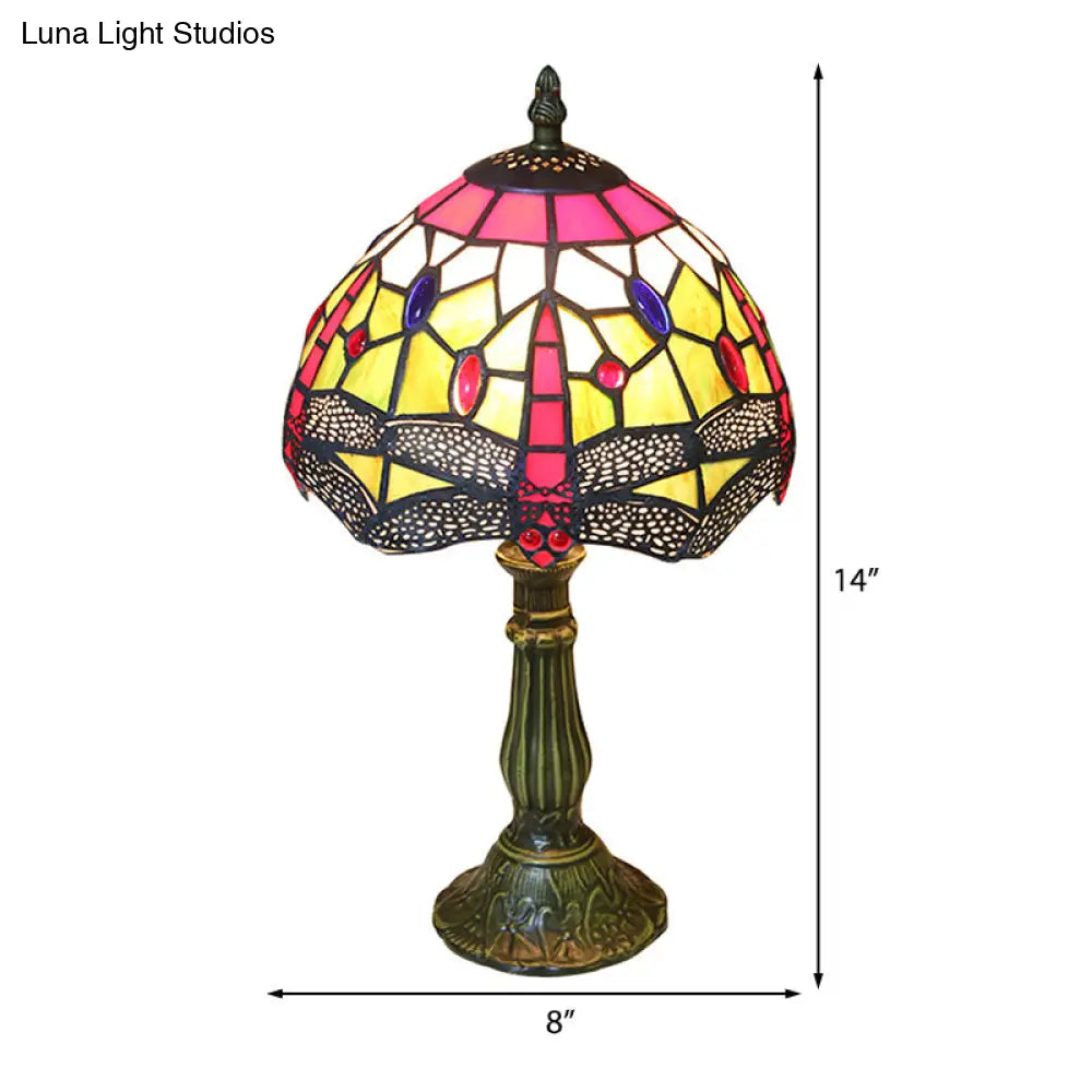 Dragonfly Table Lamp - Retro Stained Glass 1-Light Accent With Antique Bronze Finish For Study Room