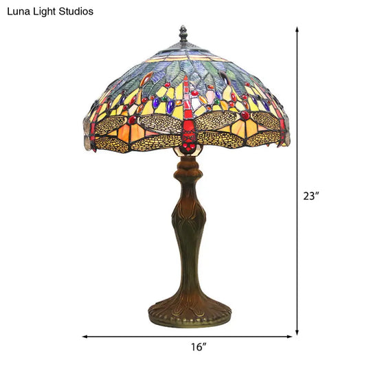 Dragonfly Table Lamp - Retro Stained Glass 1-Light Accent With Antique Bronze Finish For Study Room