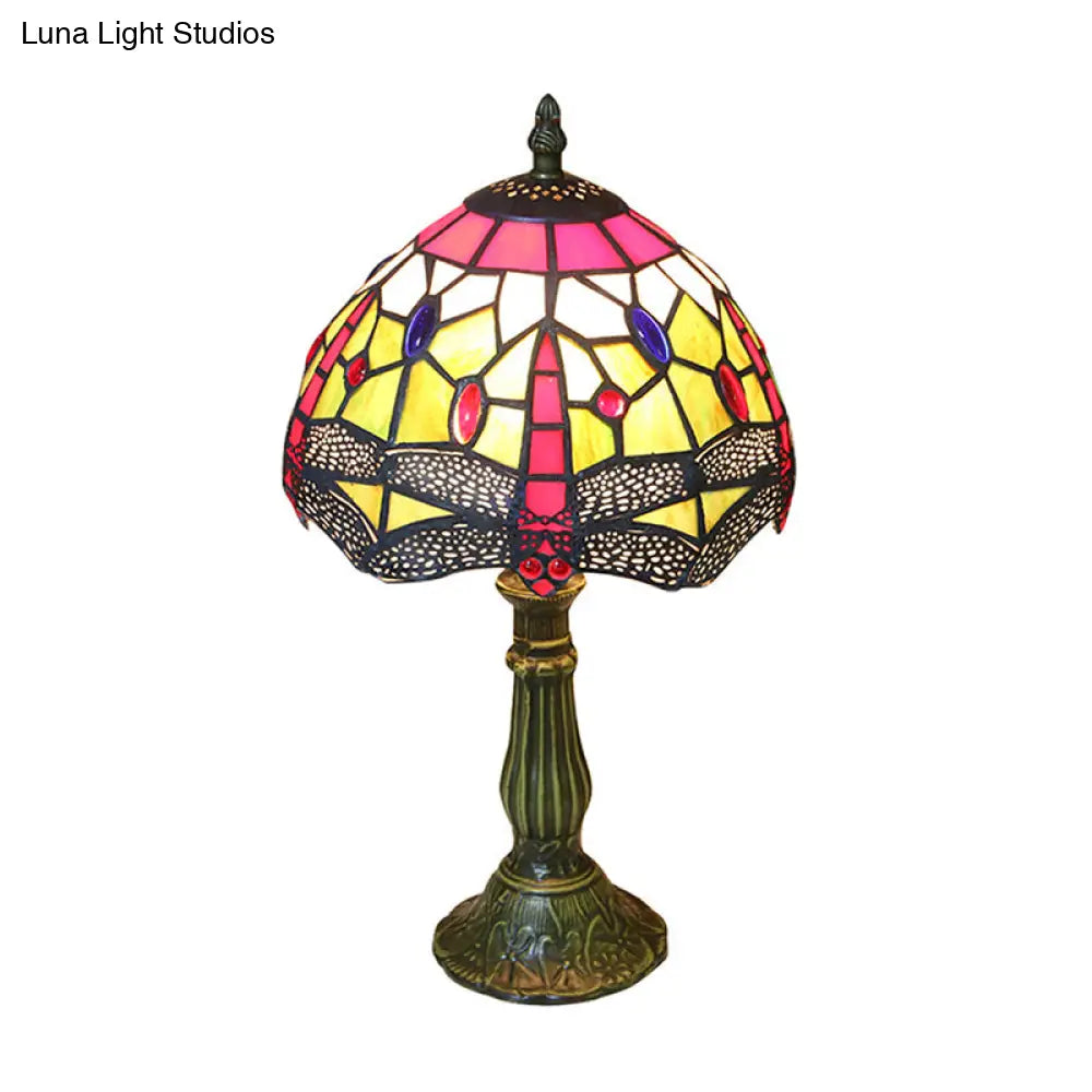 Dragonfly Table Lamp - Retro Stained Glass 1-Light Accent With Antique Bronze Finish For Study Room