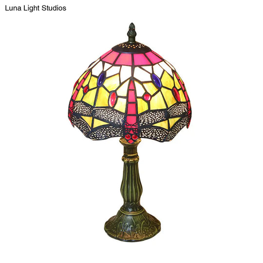 Dragonfly Table Lamp - Retro Stained Glass 1-Light Accent With Antique Bronze Finish For Study Room