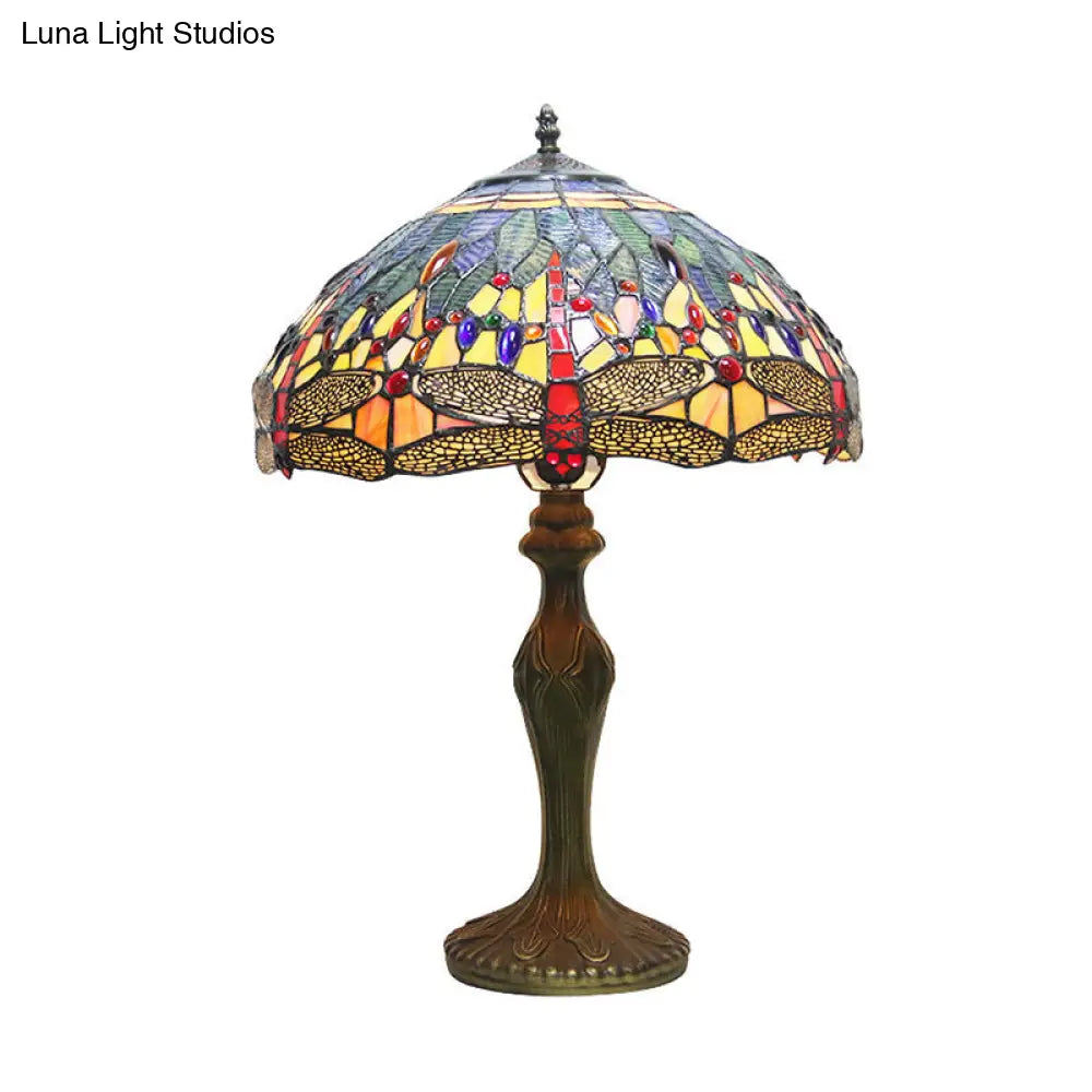 Dragonfly Table Lamp - Retro Stained Glass 1-Light Accent With Antique Bronze Finish For Study Room