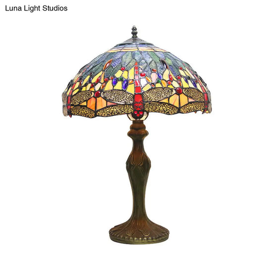 Dragonfly Table Lamp - Retro Stained Glass 1-Light Accent With Antique Bronze Finish For Study Room