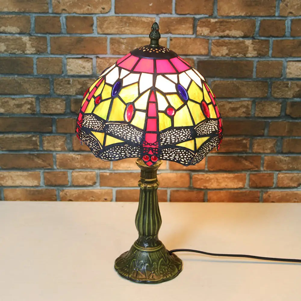 Dragonfly Table Lamp - Retro Stained Glass 1-Light Accent With Antique Bronze Finish For Study Room