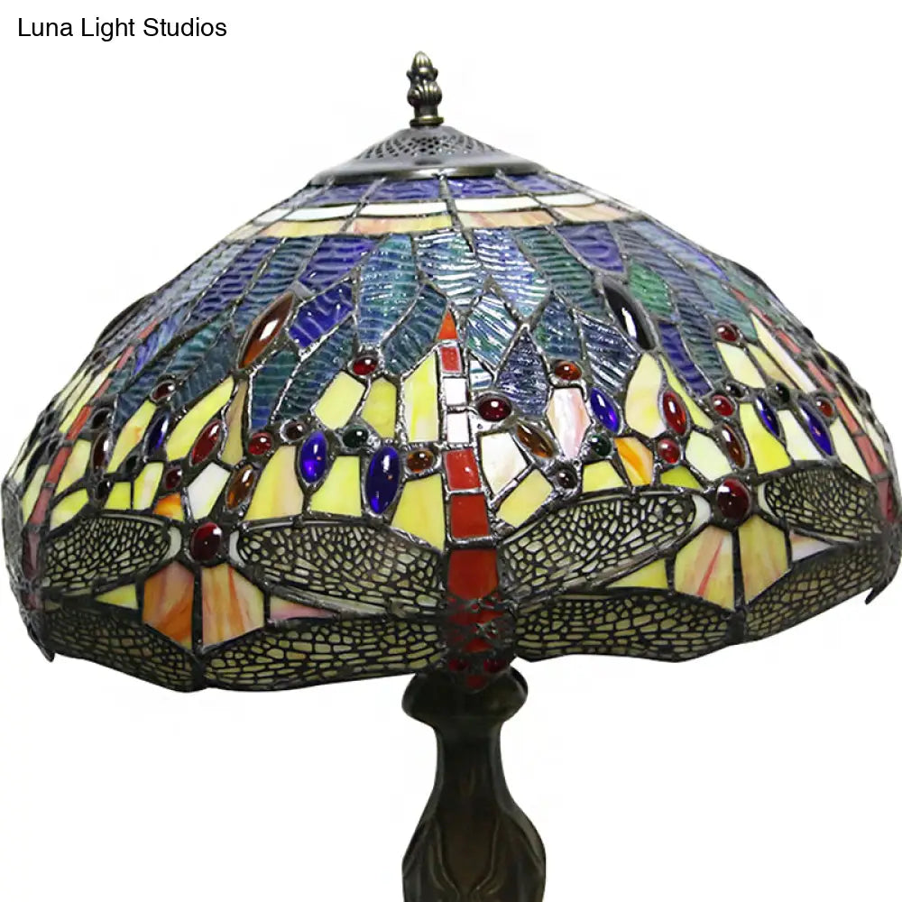 Dragonfly Table Lamp - Retro Stained Glass 1-Light Accent With Antique Bronze Finish For Study Room