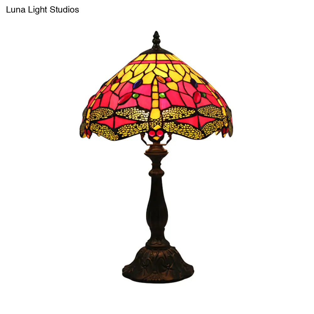 Dragonfly Table Lamp - Retro Stained Glass 1-Light Accent With Antique Bronze Finish For Study Room