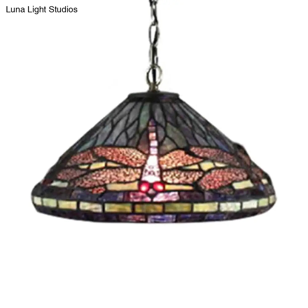 Dragonfly Tiffany-Style Hanging Lamp Black Stained Glass Pendant Light Kit For Living Room
