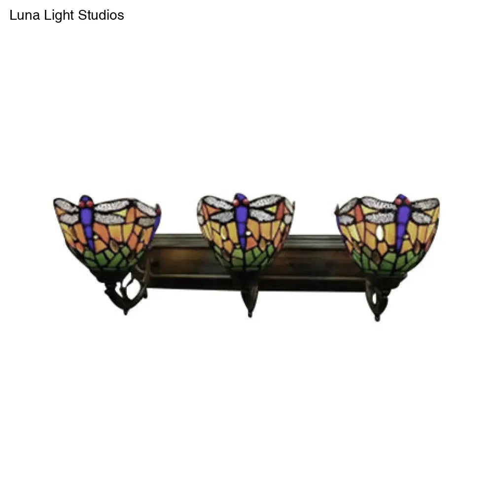 Dragonfly Wall Lamp - Lodge Style Stained Glass Antique Brass Finish 3 Lights Sconce