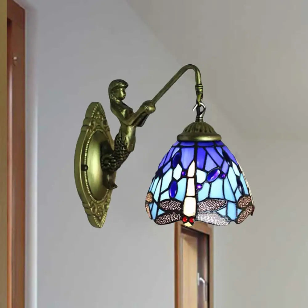 Dragonfly Wall Mount Stained Glass Sconce - Lodge Style Multicolor Light Fixture Purplish Blue / No