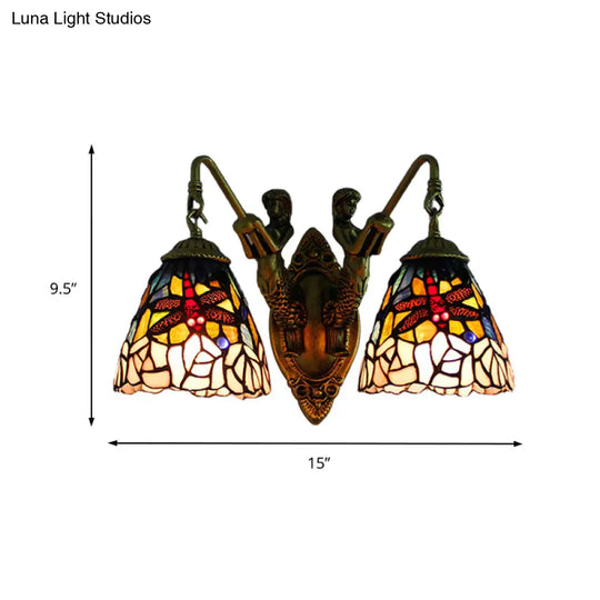 Dragonfly Wall Mounted Light: 2 Head Baroque Brass Multicolor Stained Glass Sconce