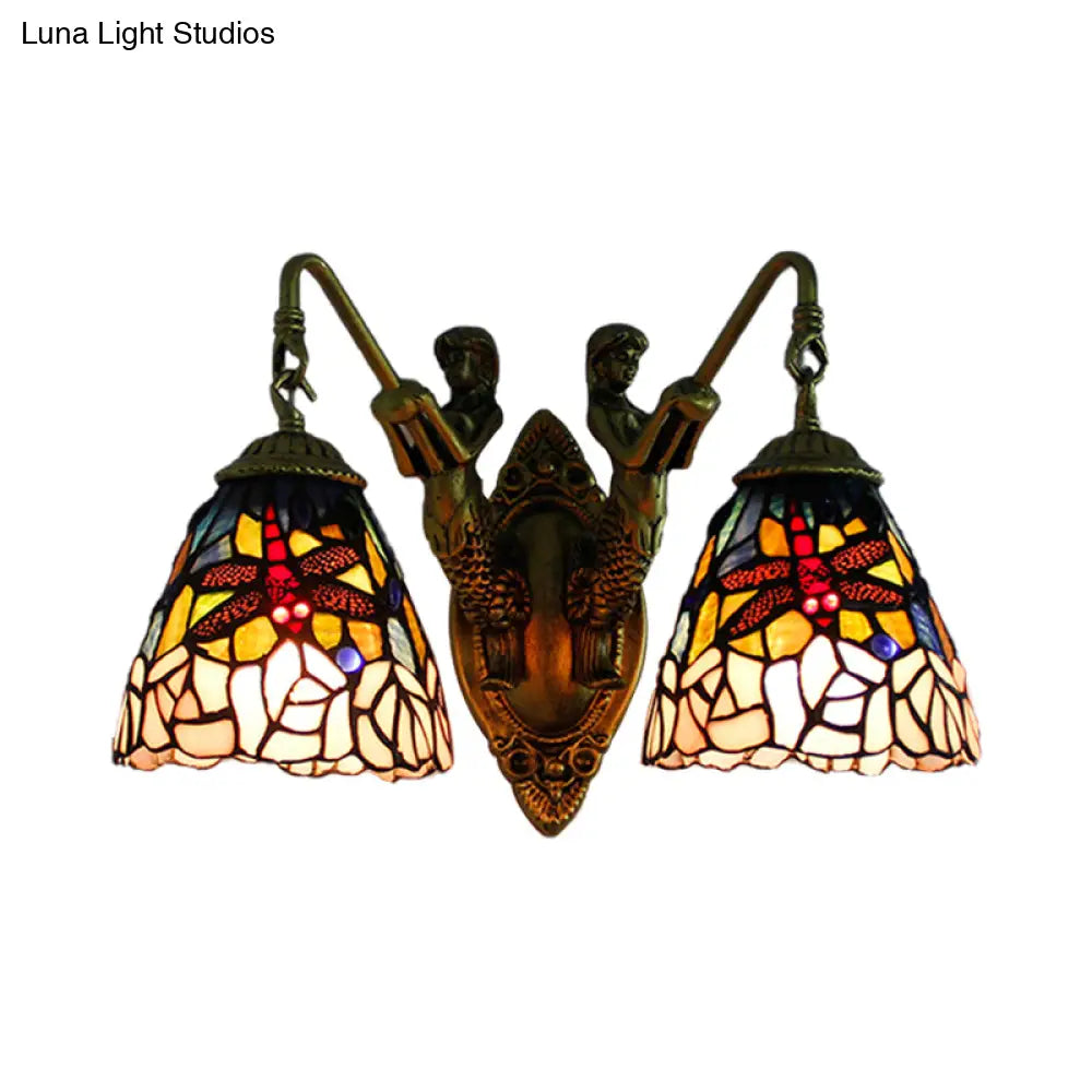 Dragonfly Wall Mounted Light: 2 Head Baroque Brass Multicolor Stained Glass Sconce