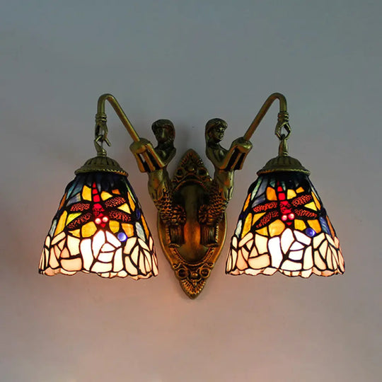 Dragonfly Wall Mounted Light: 2 Head Baroque Brass Multicolor Stained Glass Sconce