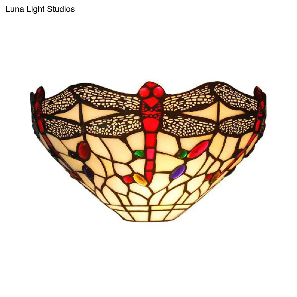 Dragonfly Wall Sconce: Art Deco Rustic Stained Glass Light In White