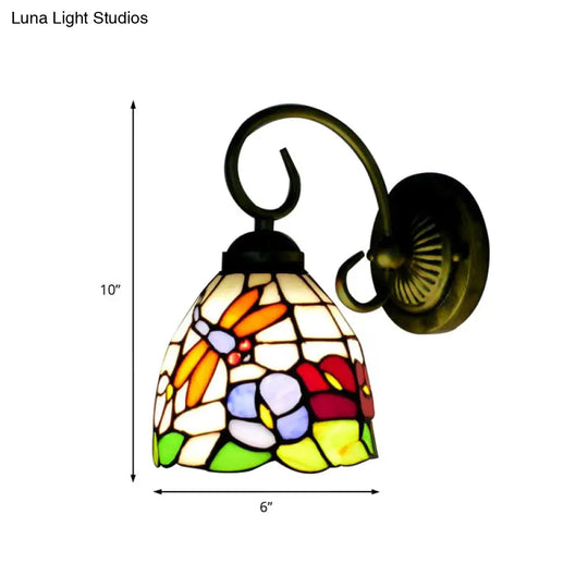 Dragonfly Wall Sconce: Rustic Brass Curved Arm Stained Glass 1-Light Lighting