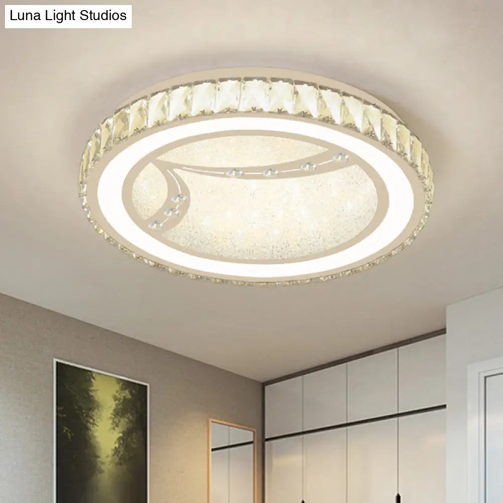 Drum Ceiling Lamp With Crystal Bead Deco - Minimalist Acrylic Led Flush Mount Fixture Chrome Finish