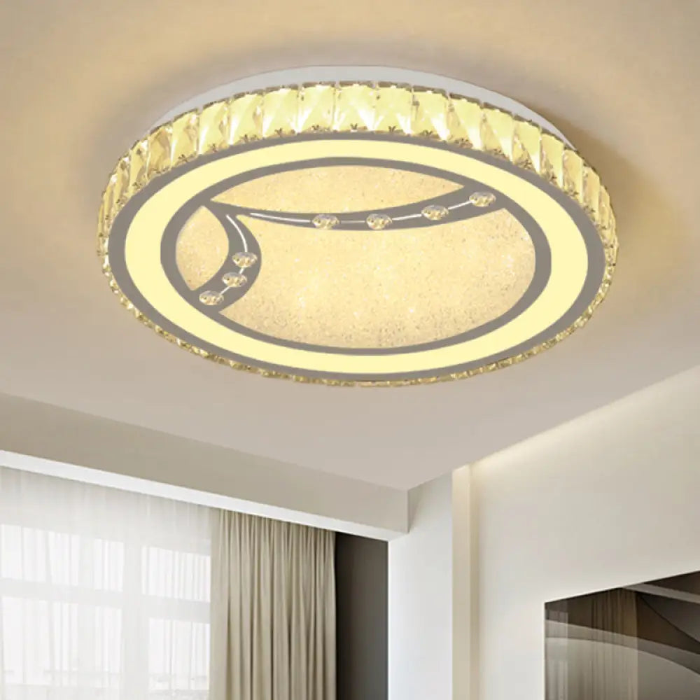 Drum Ceiling Lamp With Crystal Bead Deco - Minimalist Acrylic Led Flush Mount Fixture Chrome Finish