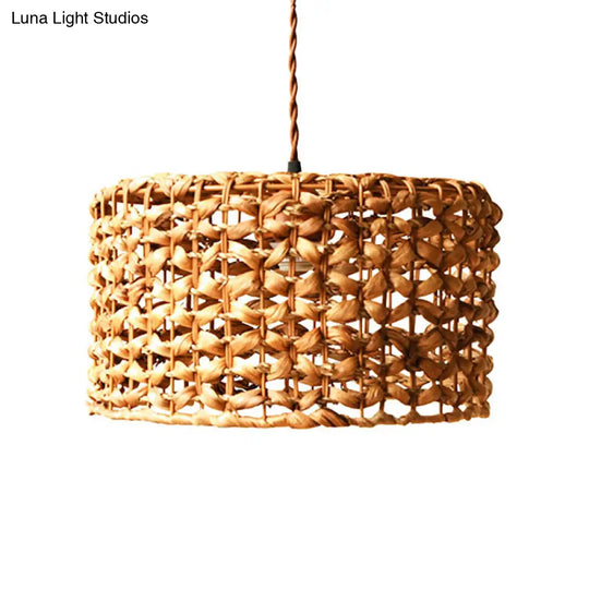 Drum Cottage Hotel Suspension Light Rattan Pendant In Beige - 1 Asian Stylish Design