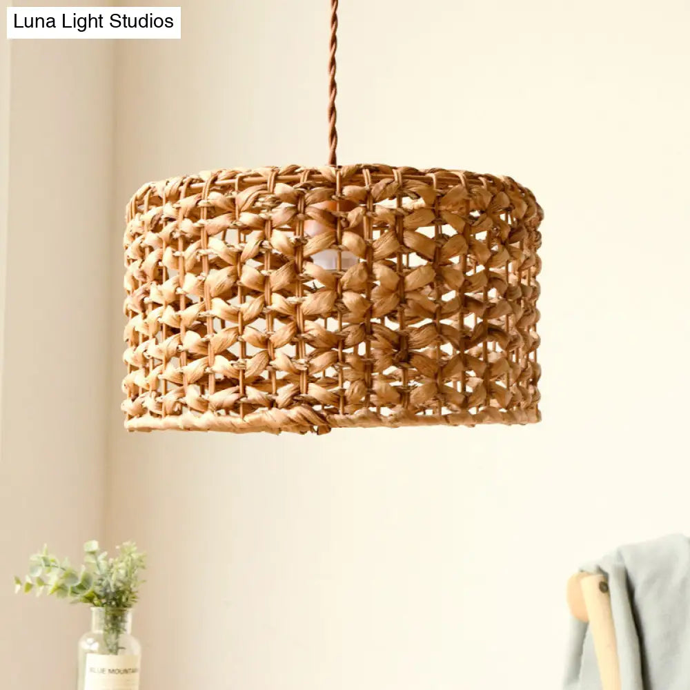 Drum Cottage Hotel Suspension Light Rattan Pendant In Beige - 1 Asian Stylish Design