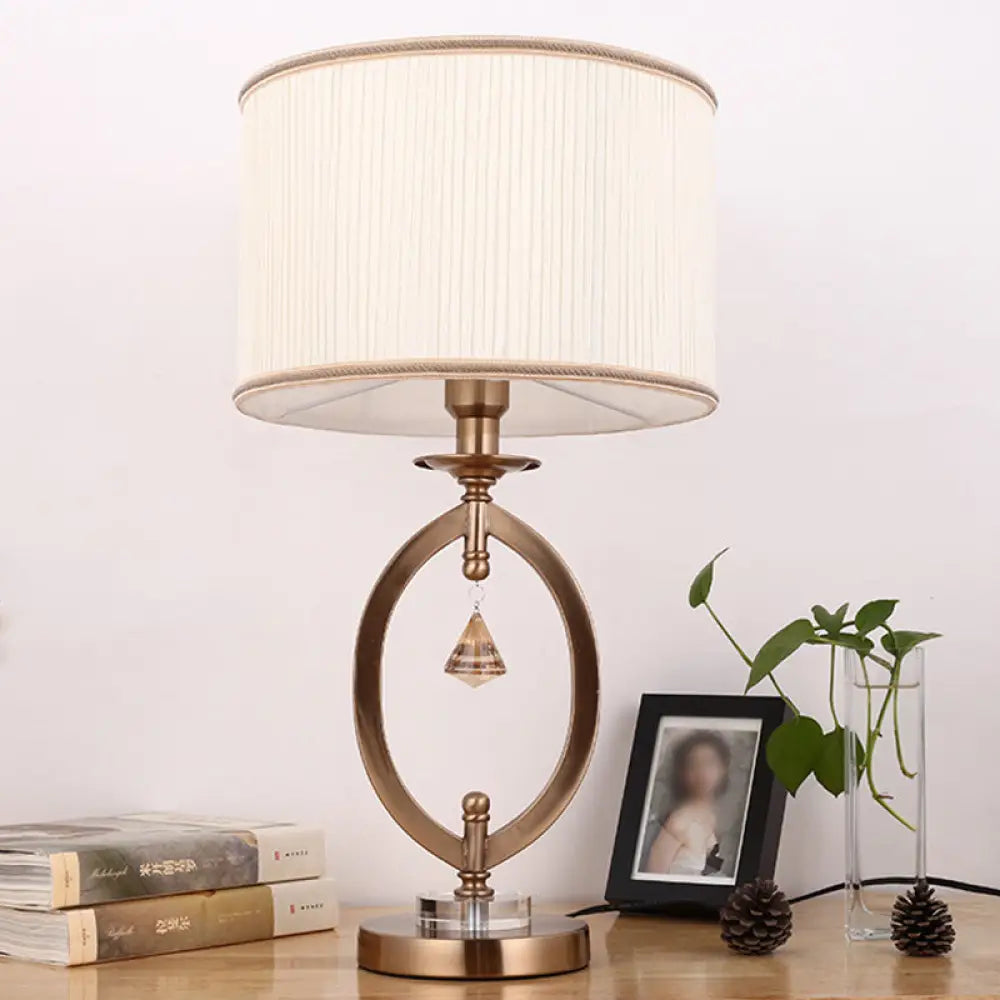 Drum Desk Lamp - Traditional Gold Fabric | 1 Light Bedroom Reading With Iron Ring